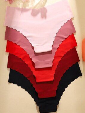 5pcs Women's Seamless Panties Set, Solid Red & Black Colors, Sexy Comfort Fabric